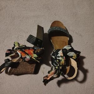 Refresh Black Floral Tie-Wrap Wedge Sandals